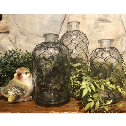 Vase Set/3 Glass W/Chicken Wire 