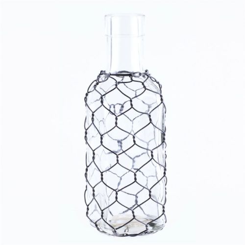 Vase Glass Sqr Long Neck W/ Chicken Wire 